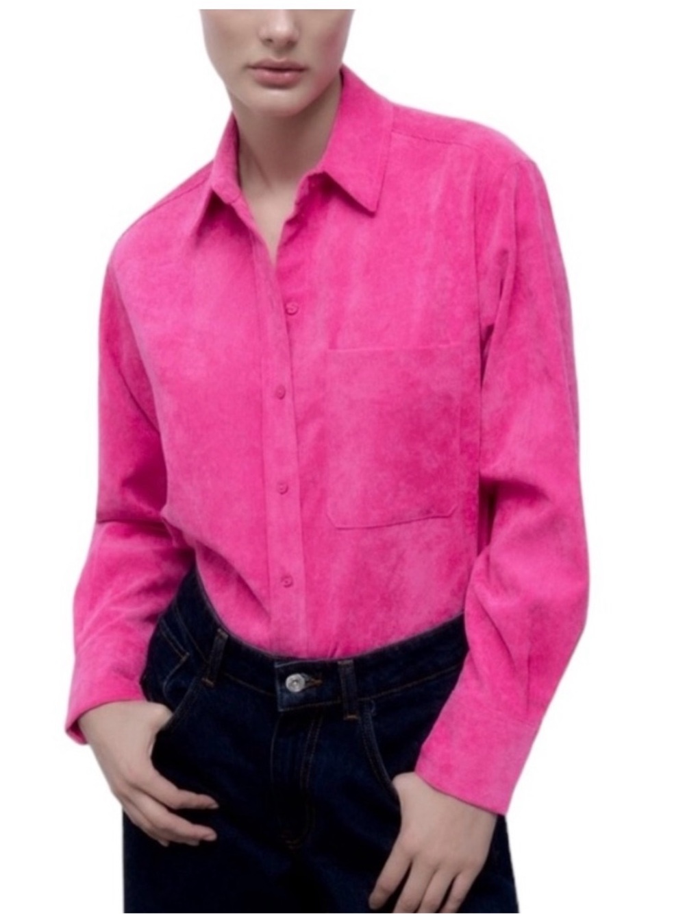 Zara Bright Pink Suede-Look Button Down Shirt Size L